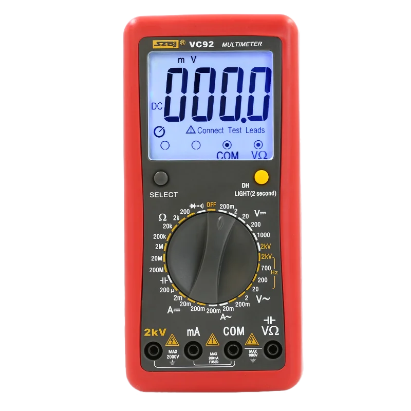 SZBJ VC92 Digital Multimeter Large Screen Display, Measures Phase-to-Phase Voltage, 2000V AC/DC Voltage, 2KV High Voltage Mete