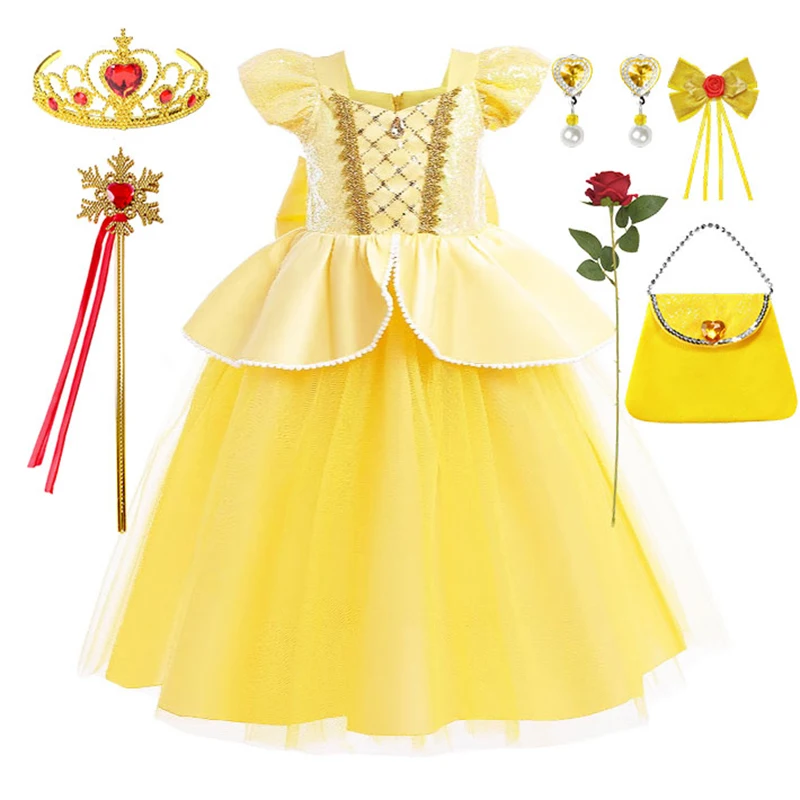 Elegant Princess Gown Fancy Puffy Beauty and Beast Dress up Cosplay Belle Fairy Belle Party Frock Halloween Story Book Apparel