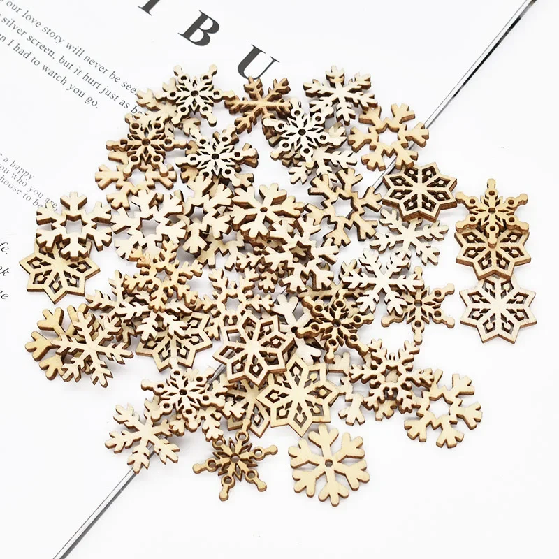 

50Pcs Christmas Natural Wooden Chip Santa Claus Snowflake DIY Crafts Xmas Tree Hanging Ornament Pendant Navidad Home Decorations