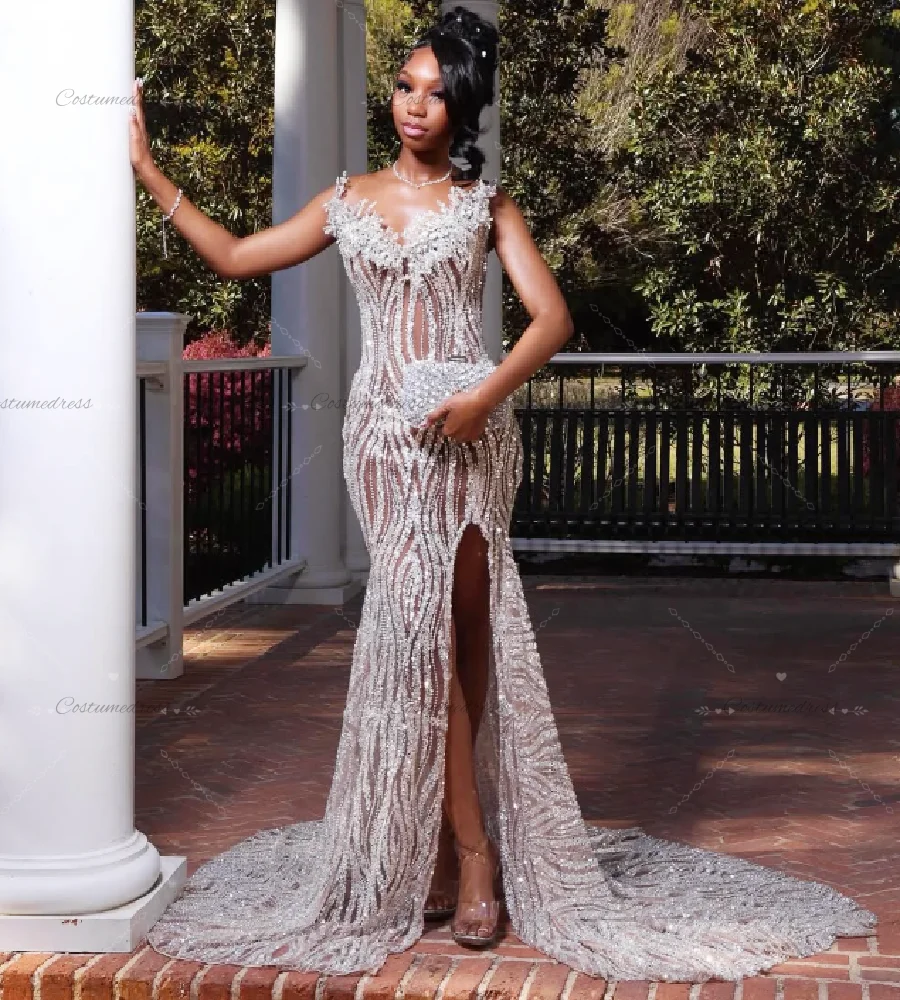 Luxury Crystal Beaded Mermaid Prom Dress For Black Girls See Through Diamond Evening Dresses 2026 High Slit Formal Birthday Gown