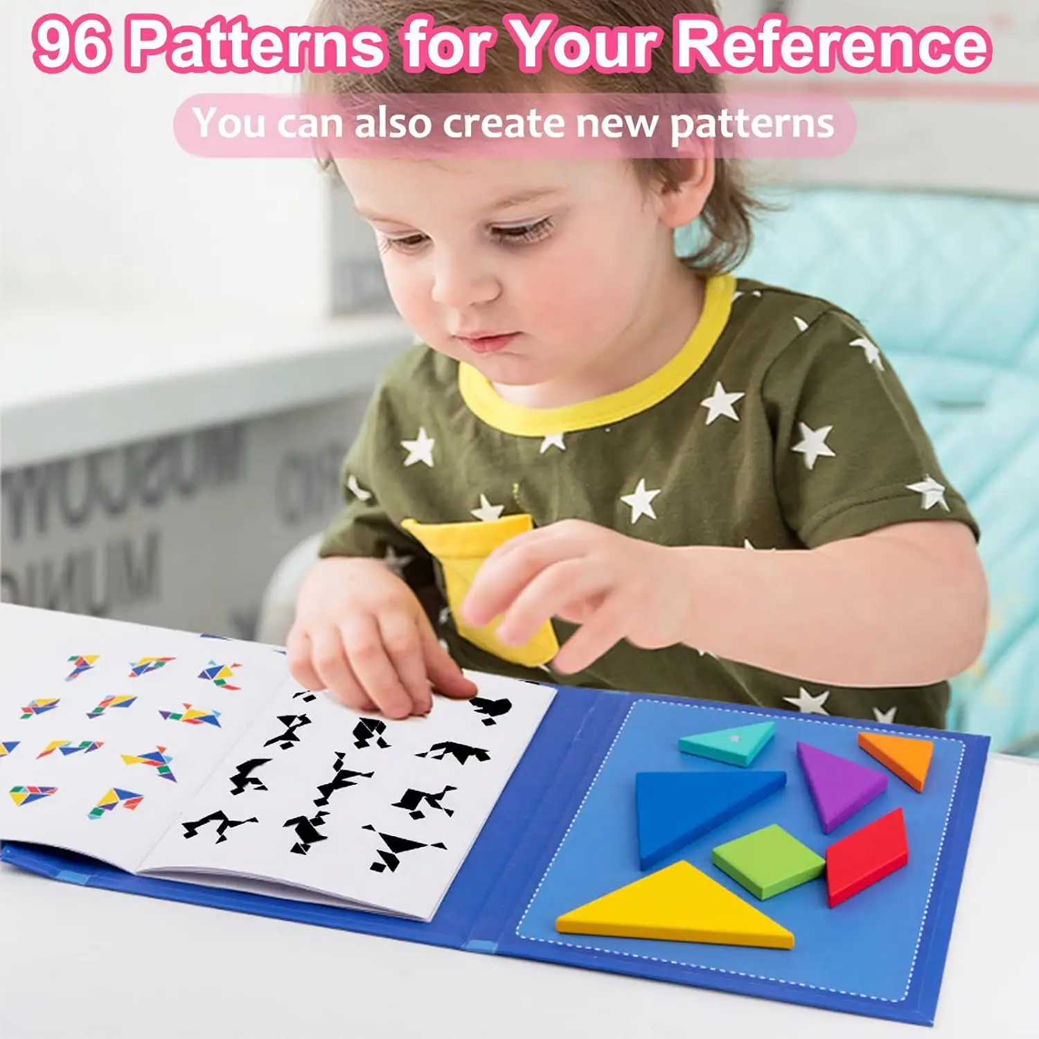 Wooden Magnetic  96 Patterns Tangram Kids Puzzles,Creative Travel Toy Gifts for Girls Boys 3 +,Toddler Children Portable Book