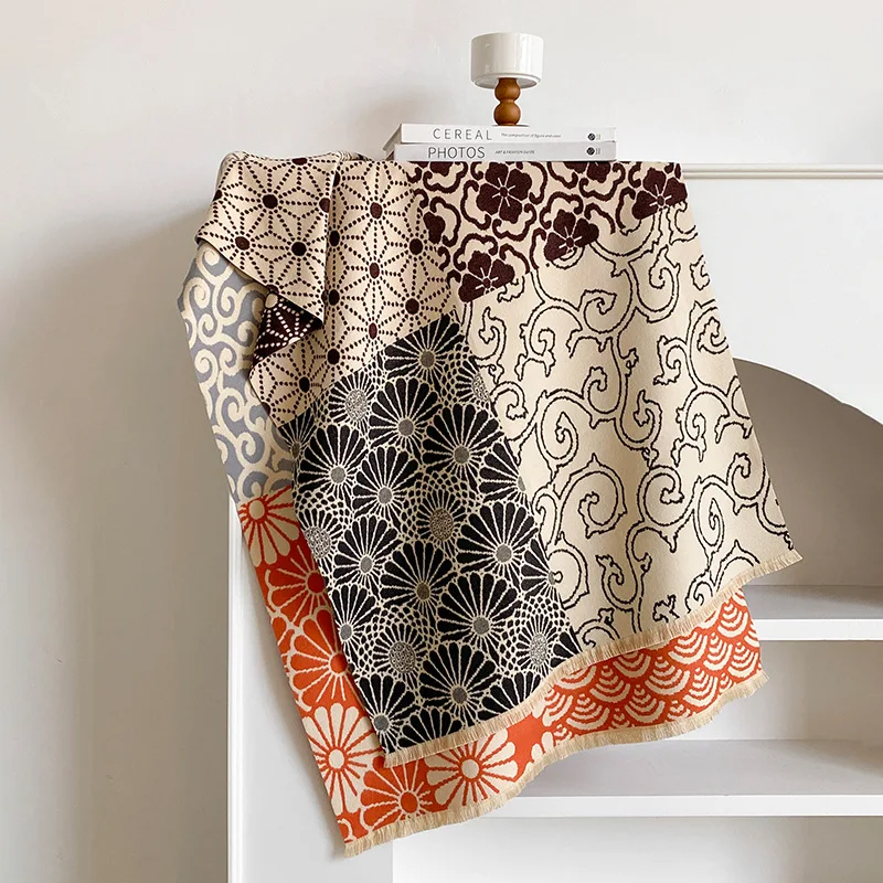 Scarf Women Japanese Patchwork Shawl Autumn Winter Double Sided Jacquard Wrap Multi Element Floral Splicing Retro Color Block