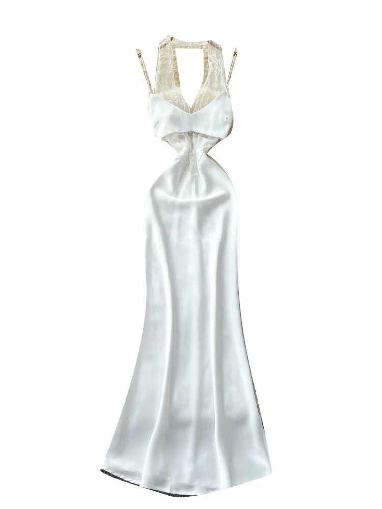 여름 여성 레이스 스플라이스 홀터넥 슬림핏 가운 새틴 원단 하이웨이스트 A라인 반팔 출근룩 한국 스타일