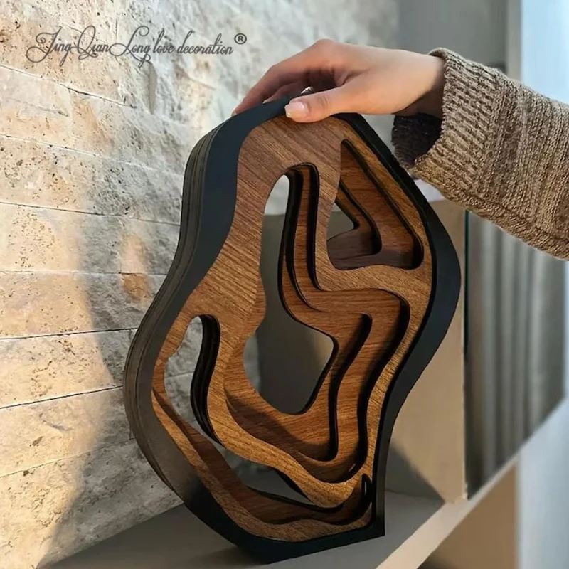 Abstract Wooden Sculpture – Minimalist Home Decor, Modern Art Object, Walnut Wooden Statue