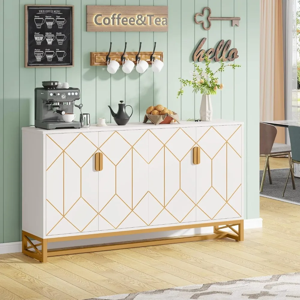 

White Gold Storage Cabinet with Door and Adjustable Shelves for Living Room, Modern Floor Cabinets Long Sideboard Buffet Golden
