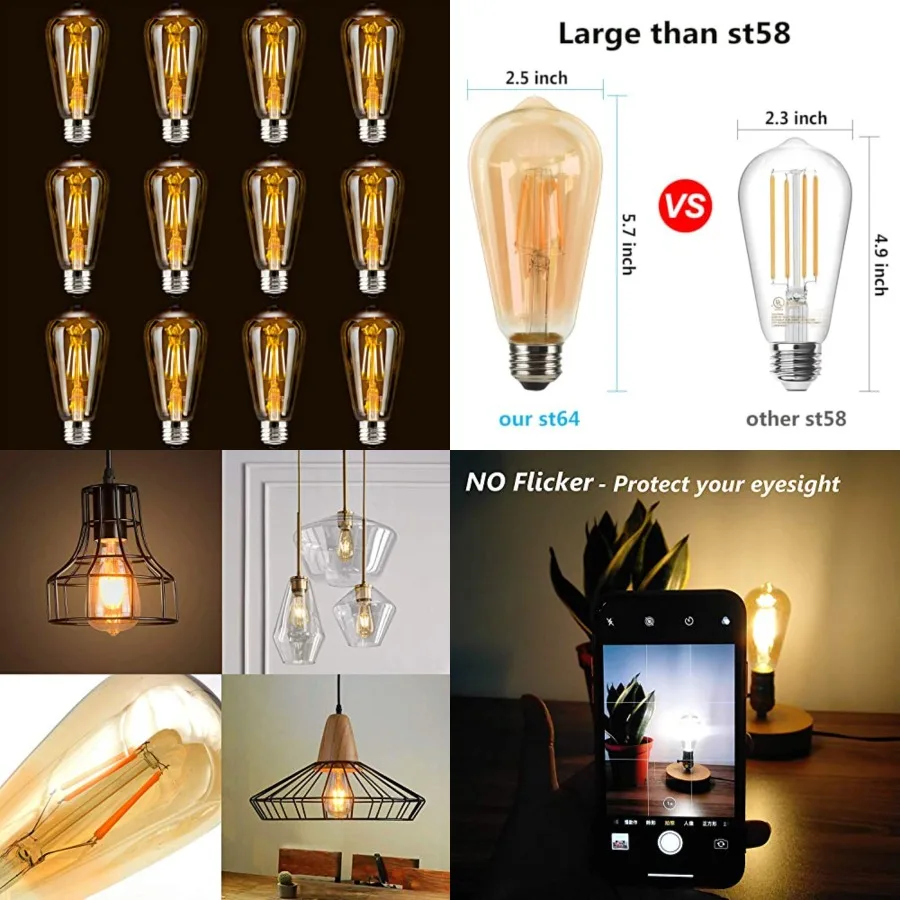 LED Dimmable Edison Light Bulbs 4W Vintage Light Bulb, 2200K-2400K Warm White Amber Glass,Antique LED Edison Bulbs, Squarrel Ca