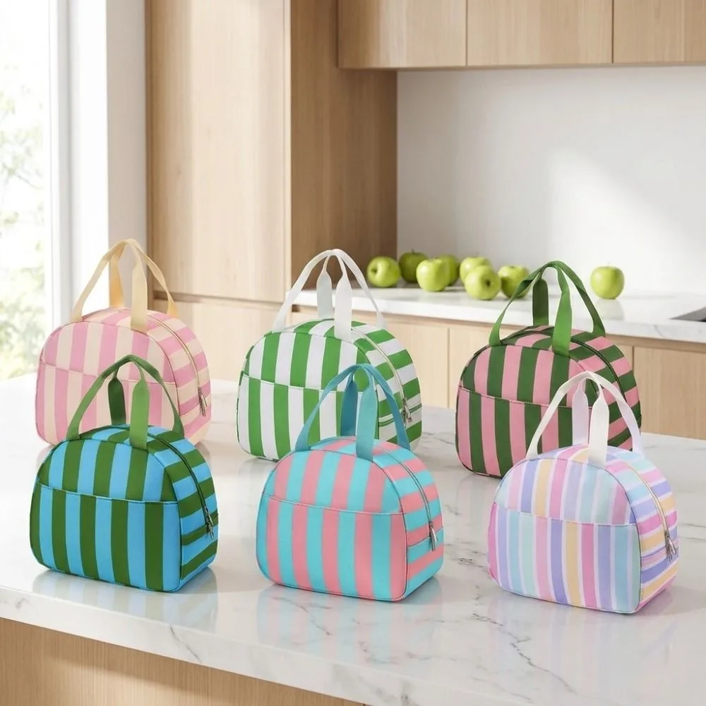 Casual Striped Insulated Lunch Bag Leakproof Reusable Food Tote Bag with Handle Handheld Food Thermal Box Outdoor