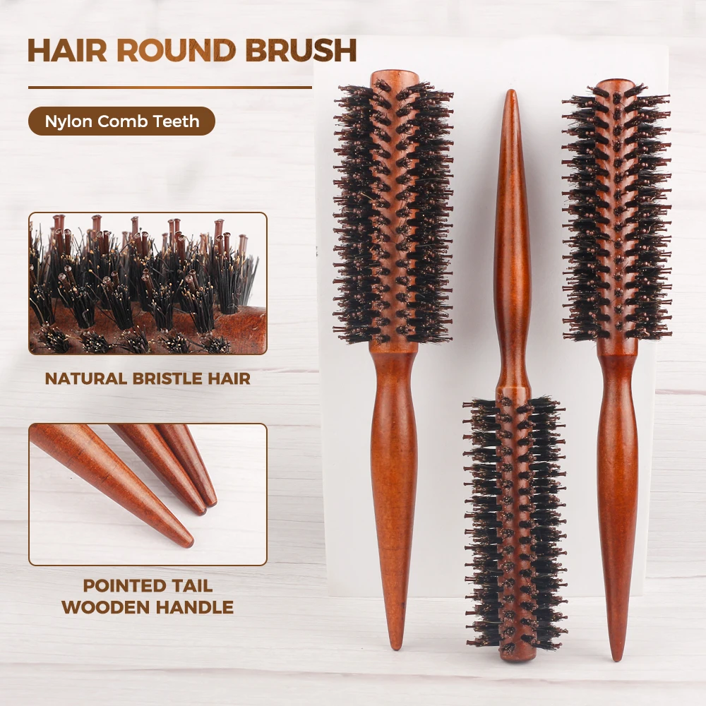 Barber Hair Round Roller Wood Hair Brush Boar Bristle Nylon Hair Comb Hairdressing Combs Round Paddle Brush Women Men Curly Hair