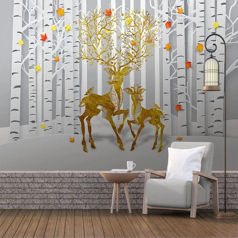 

Custom 3D Simple Forest Scenery Golden Elk Background Wallpaper Decorative Painting For Bedroom Walls Papel De Parede Home Décor