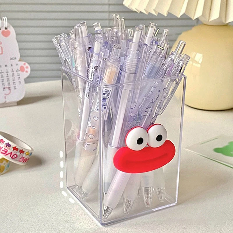 Transparent Plastic Pen Box Simple Multifunctional Desktop Organizer Cartoon Sausage Mouth Girl Heart Cute Makeup Brush Bucket