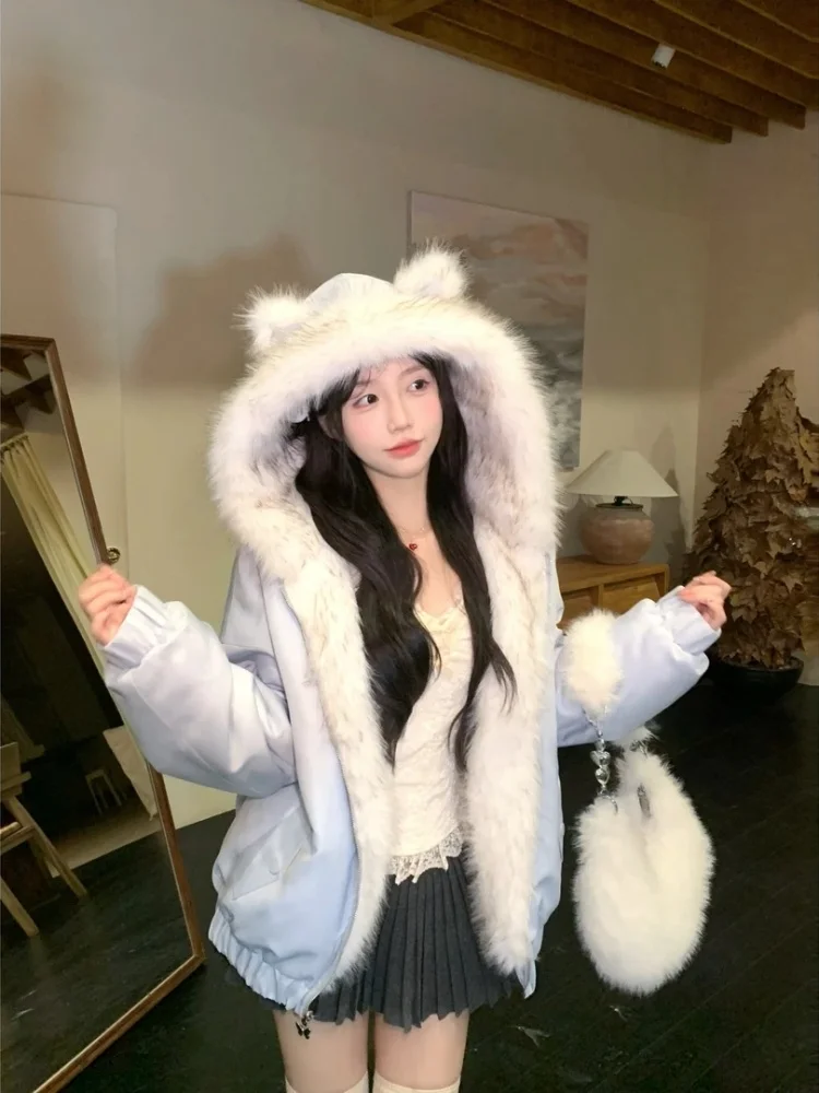 

Sweet Cute Hooded Jacket Women's Thickened Double-sided Wear Design Sense Fur Splicing Warm Cotton Coat Winter New Style