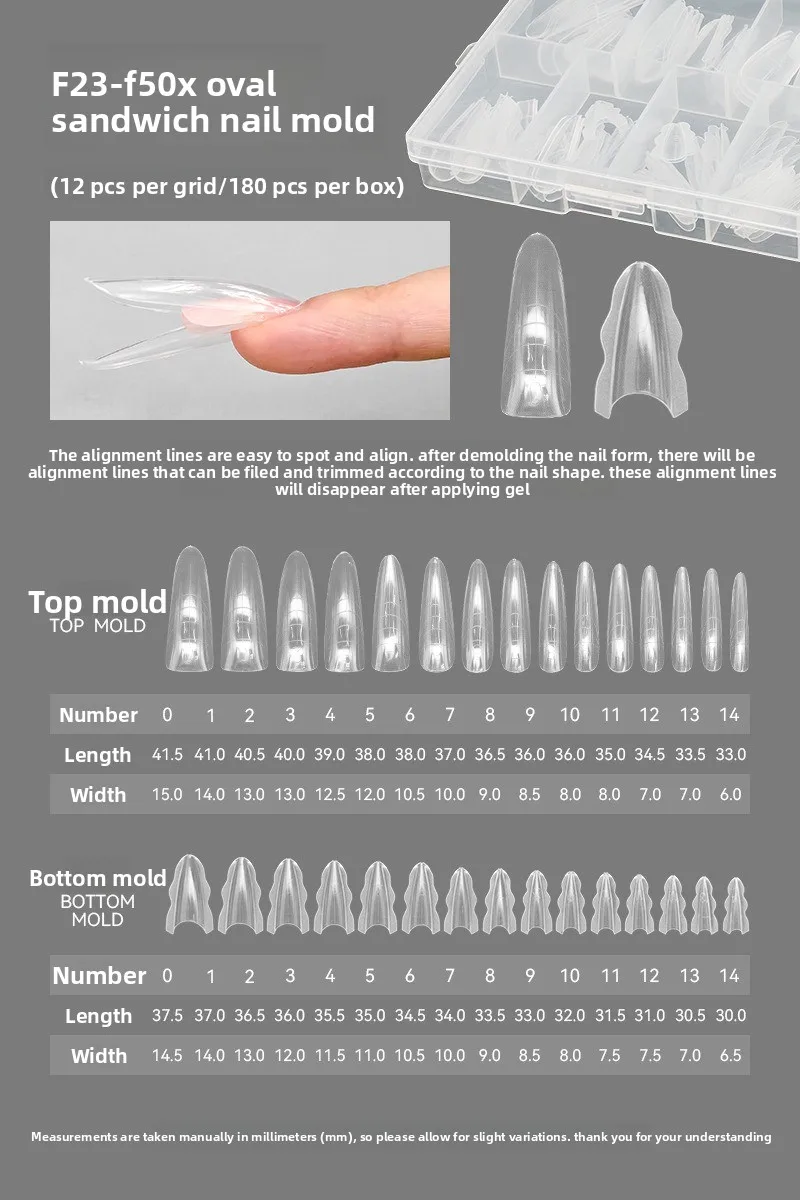 180PCS Sandwich Dual Nagel Form Sarg Mandel Nagel Formen 14Größe Wiederverwendbare Oben Unten Formen Nail art Verlängerung Oben form Unten Form