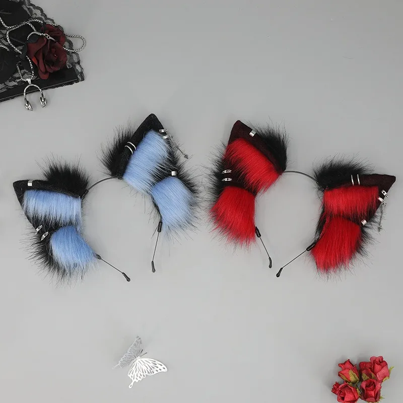 Blue and pink Cute Furry Cat Ears Hair Hoop Women Girls Lolita Lovely Headband Plush Fox Ear Metal Chain rivet Hairband Cosplay