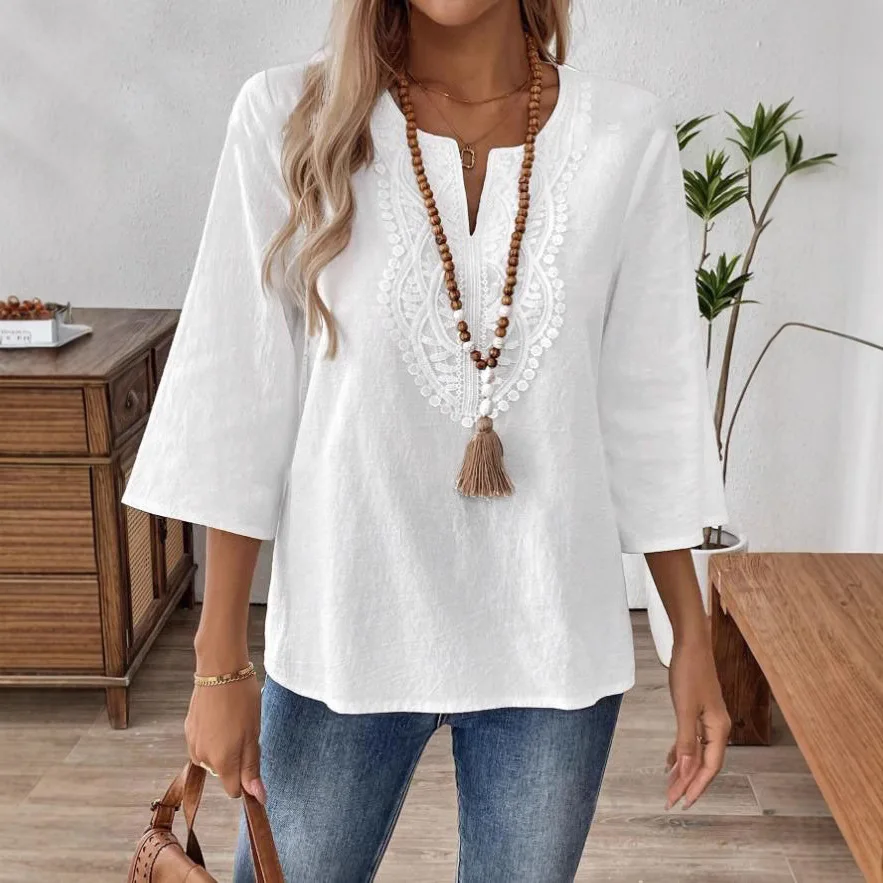 

Womens Loose Solid Color V Neck Lace Trim Shirt