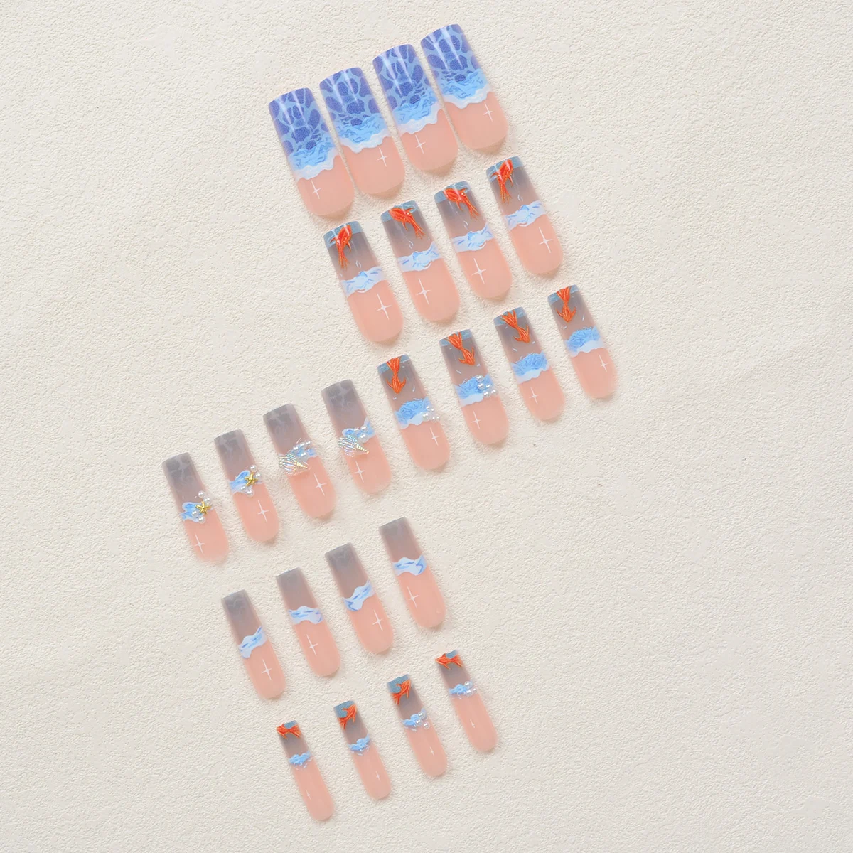 Autocollants pour Ongles Rectangulaires Super Longs, Motif Bleu Océan Petit Poisson Vague, Étoile de Mer 3D, Conque Perle Diamant, Ensemble Acrylique, 24 Pièces