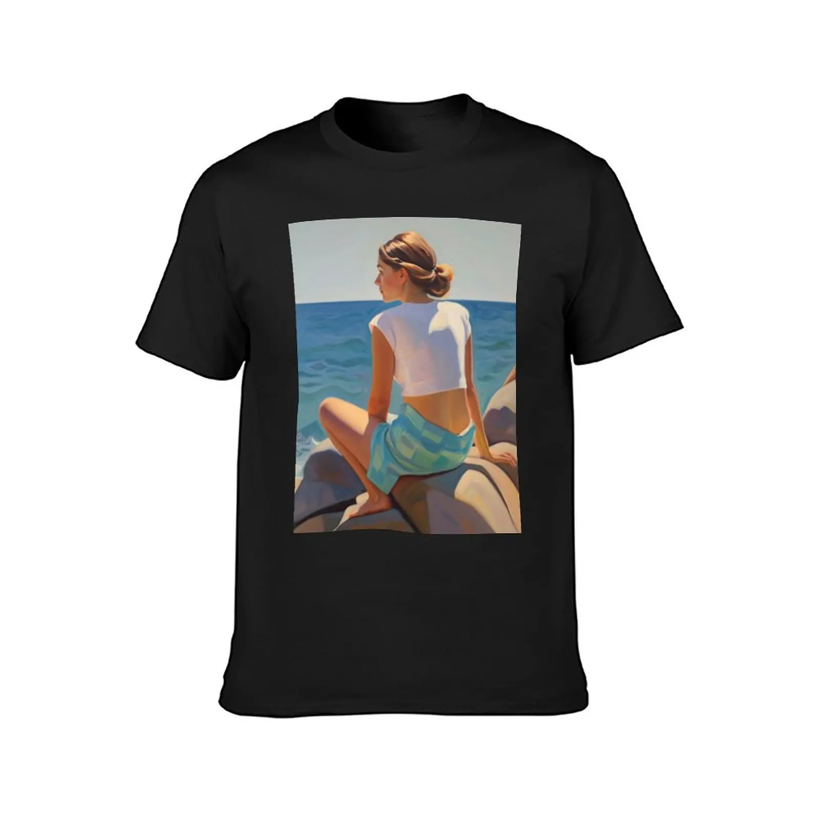 Painting of a woman on the beach wearing a colorful swimsuit T-Shirt anime heavyweights Men's clothing