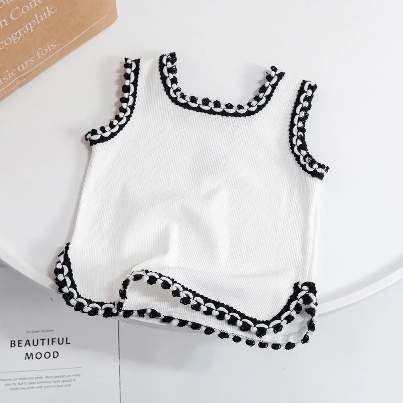 2022 Summer Girls Fashion Embroidery Vest Baby Kids Children Sleeveless Shirt Two Colors