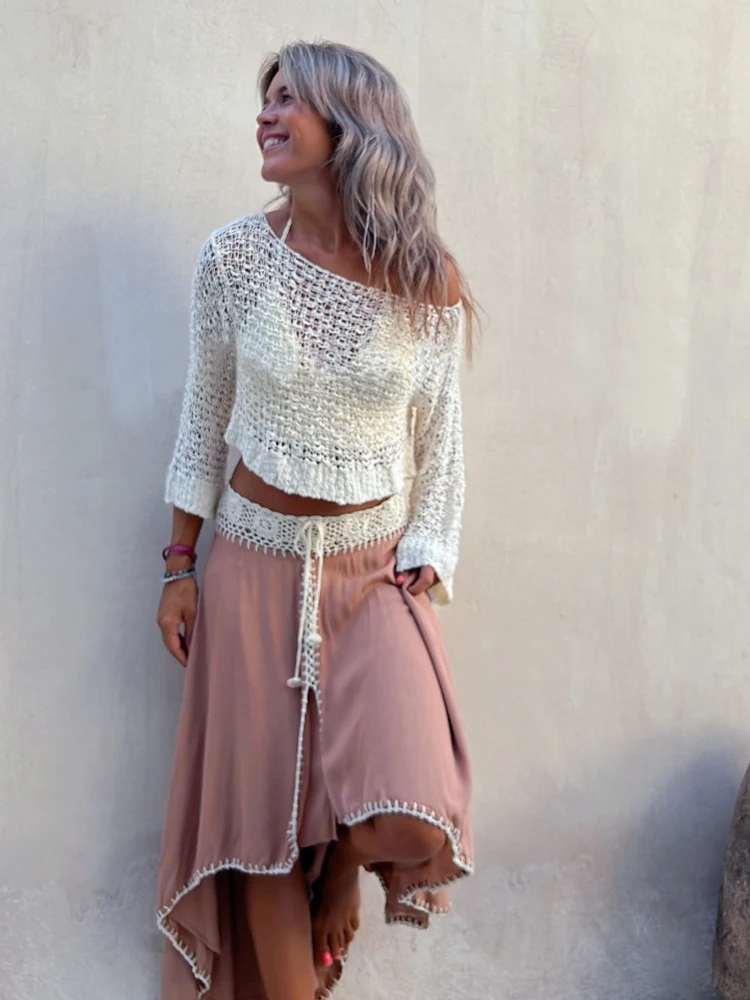 Bohemian Vintage Sweater Pullover Women Knitted Clothing Solid Slim Jumper Hollow Out 3/4 Flare Sleeve Autumn Crochet Crop Top