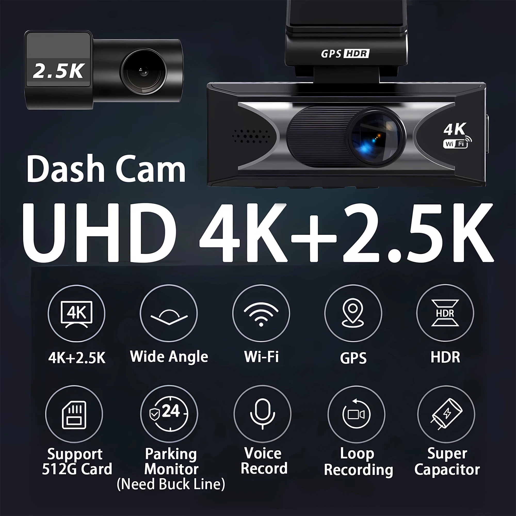 Dual Lens 4K+2.5K Dash Cam 3840*2160P Built in WiFi/GPS Dash Camera For Cars With 24H Parking Monitor HDR Night Vision Black Box