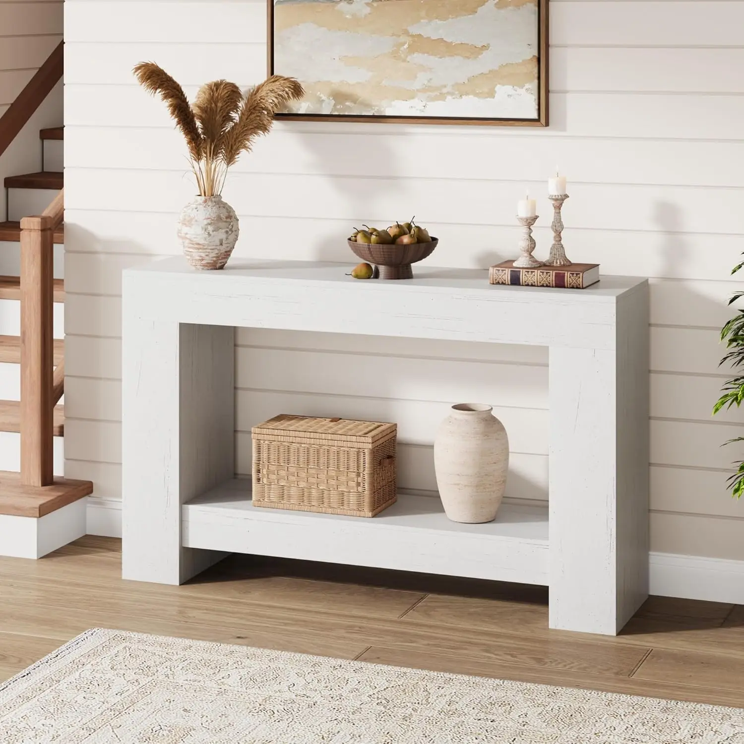 Mesa Consola Estilo Rústico, Mesa de Entrada Estrecha de 1.2m con Almacenamiento Abierto de 2 Niveles, Mesa de Sofá de Madera para el Salón