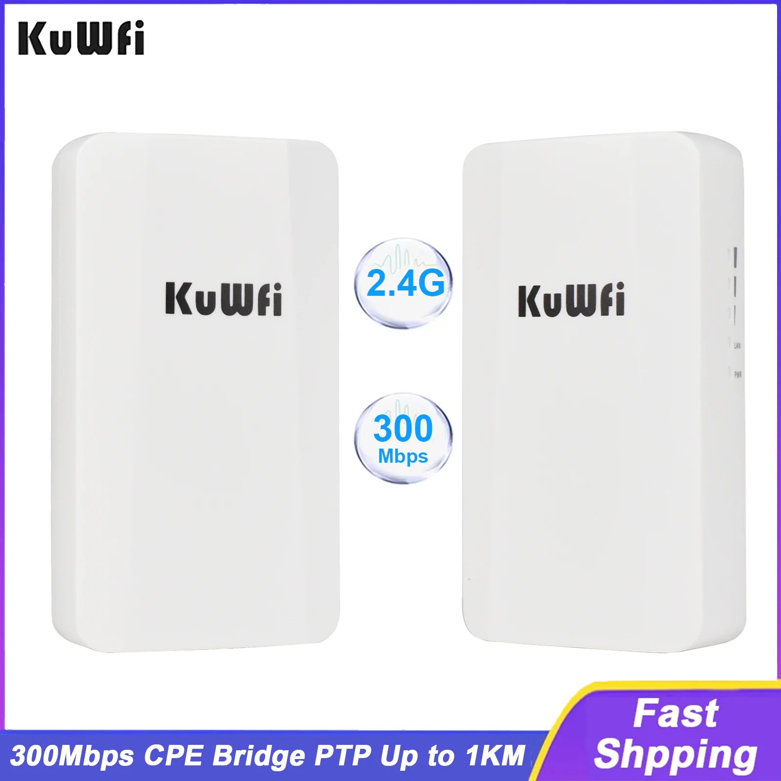 KuWFi 300Mbps Outdoor CPE Bridge 2.4Ghz Wireless WiFi Bridge One-click Pairing Point to Point Up to 1KM 24V POE for IP Camera