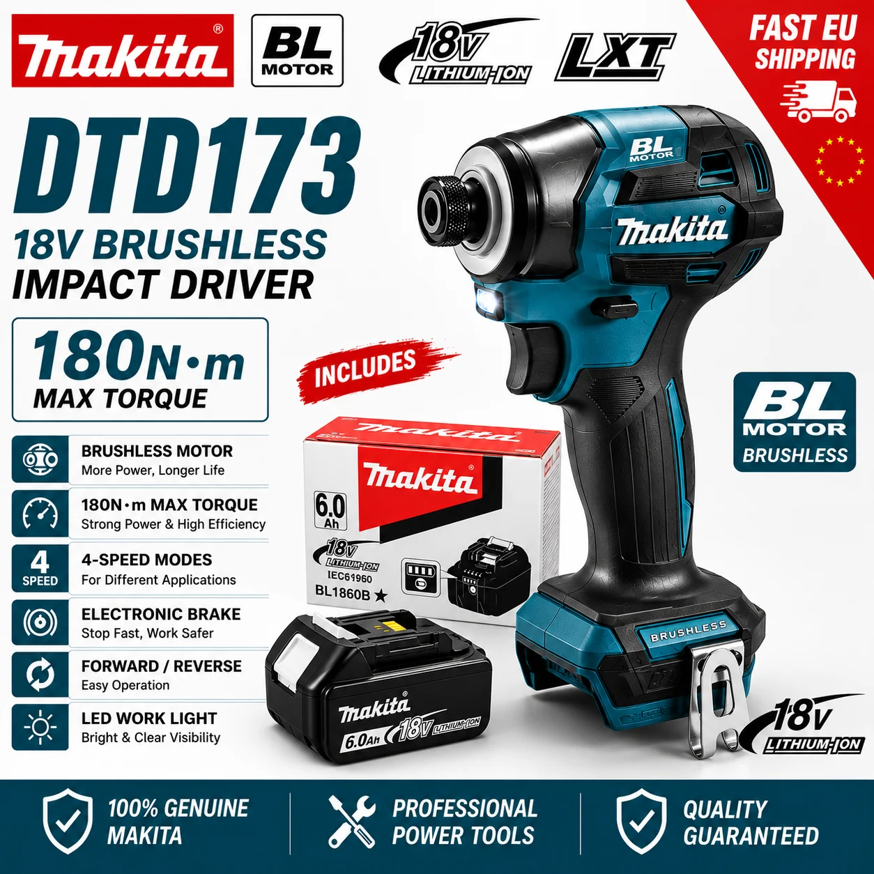 Original Makita DTD173 18V LXT Bürstenloser Akku-Schlagschrauber Elektroschrauber 180N·m mit Makita BL1860 6.0Ah BL1850 BL1840 18V Akku Doppel-LED EU Lokaler Schnellversand