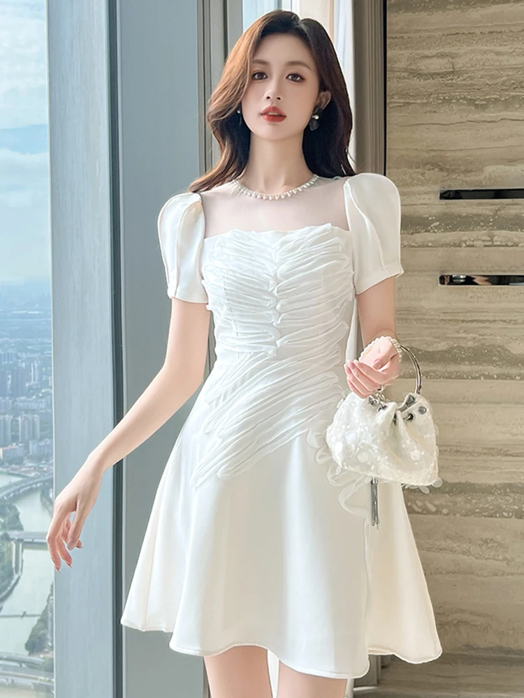 French Elegant Mini Dress Women's Clothing Sweet White Diamonds Sheer Bubble Sleeve Ball Gown Female Dance Party Vestidos Mujer