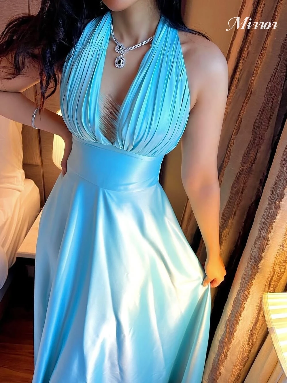 Mirror Dress Elegant Vintage Sweet Sky-Blue Silky Satin V-Neck Stylish Customized Formal Occasion Prom Dress Evening Party Gowns