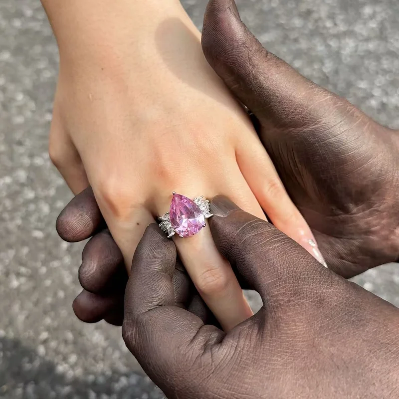 Exaggerated Pink Diamond Teardrop Adjustable Ring - Stunning Large Gemstone, Perfect Birthday Gift for Her