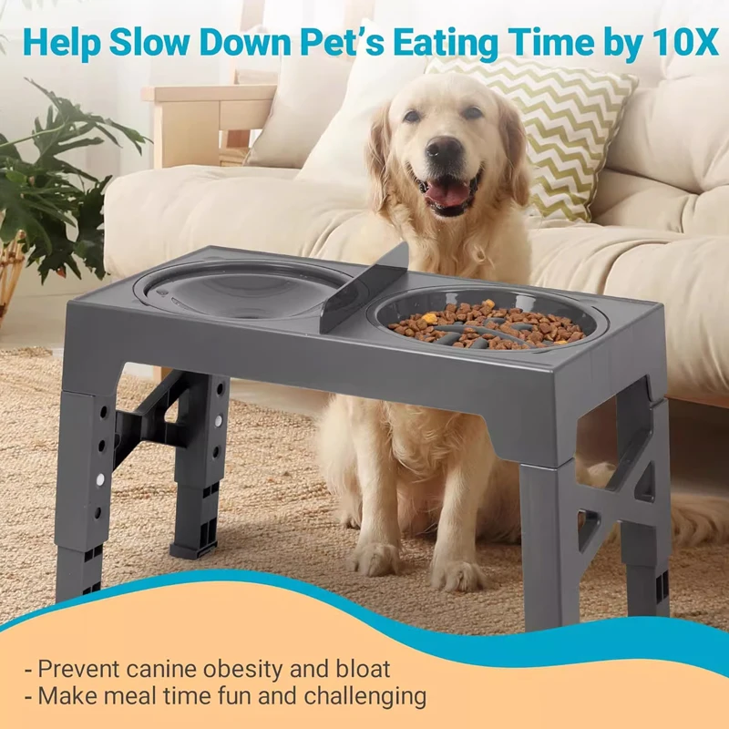 Elevated Dog Feeder with Adjustable Raised Stand, Slow Food Bowl, Water Feeders for Large and Medium Dogs