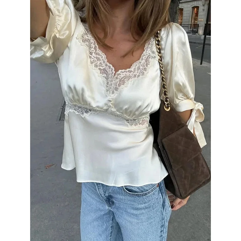 Elegant Lace Splicing Women's Satin T-shirt V Neck Short Sleeve Waist-cinching Lace Up Apricot Shirts 2026 Summer Lady Slim Tops