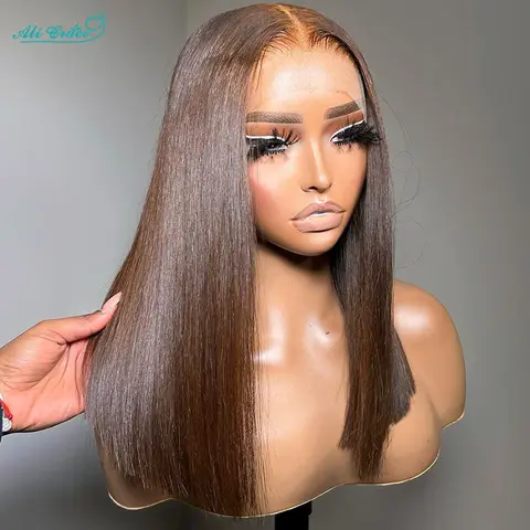 Ali Grace Chocolate Brown Bob Straight Hair Wig 13x4 Transparent Full Lace Frontal Human Hair Wigs For Woman Colored Short Bob