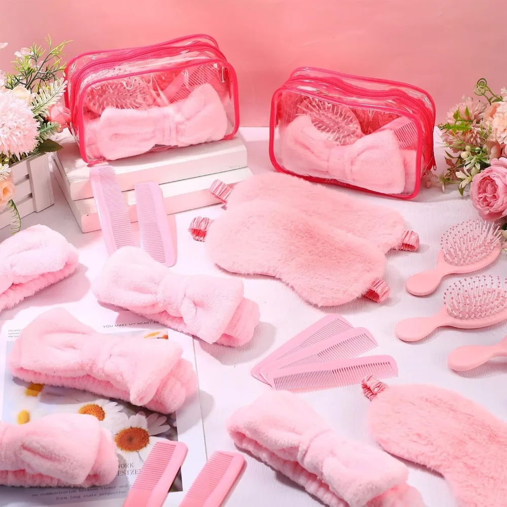 1-12 Sets Pink Spa Sleepover Party Favors - Plush Eye Mask, Brush, Comb, Bags for Wedding Guest Gifts