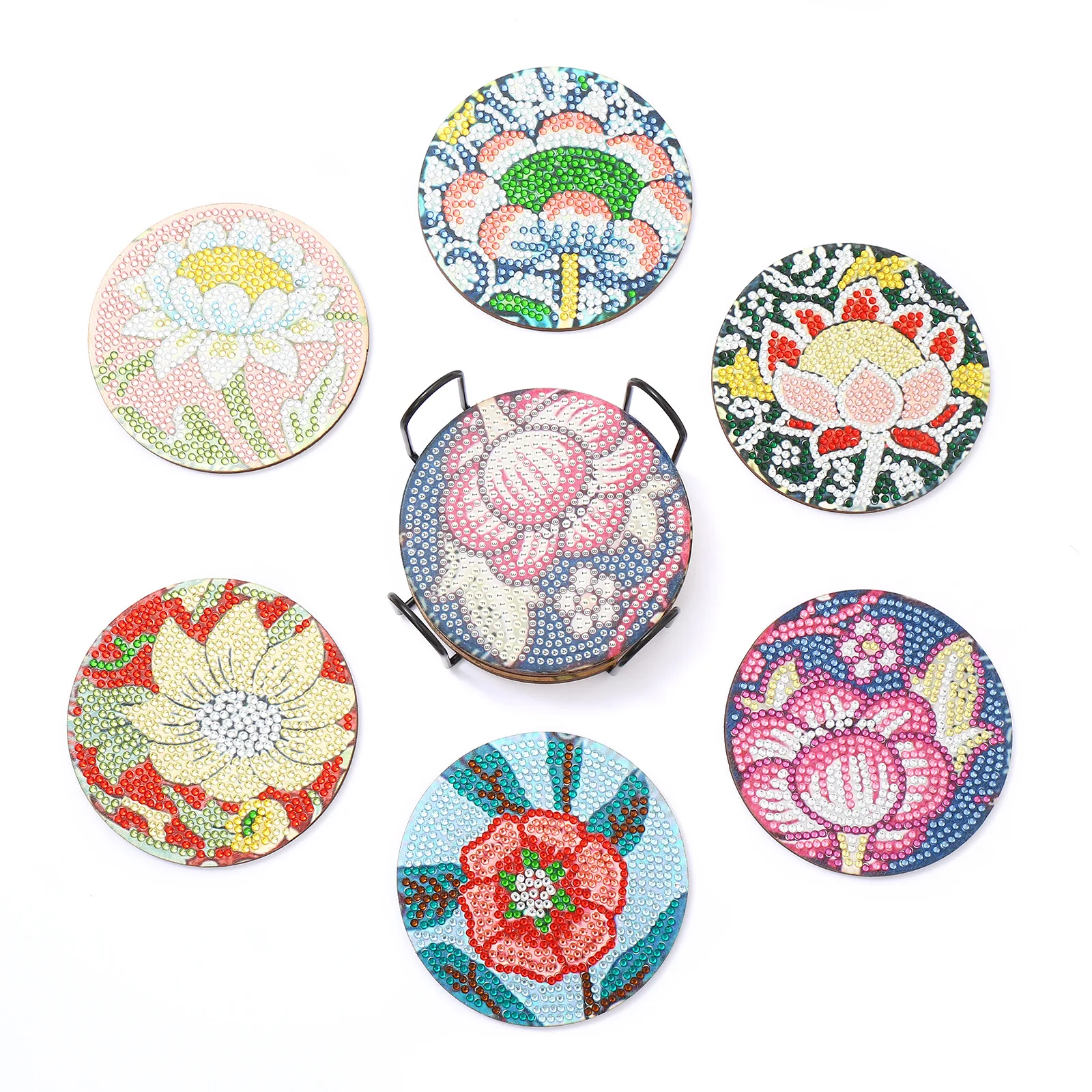 

6 Pieces Of Colorful Flowers Handmade DIY Round Wooden Spot Drill Thermal Insulation Anti Slip Coaster with Bracket