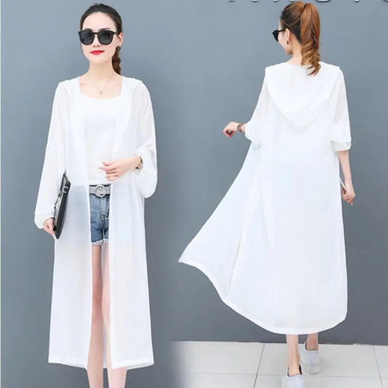 Summer Chiffon Blouse Hooded Cardigan Sun Protection Clothing Long Blouse Beach Solid White Female Fashion Tops Feminino E99