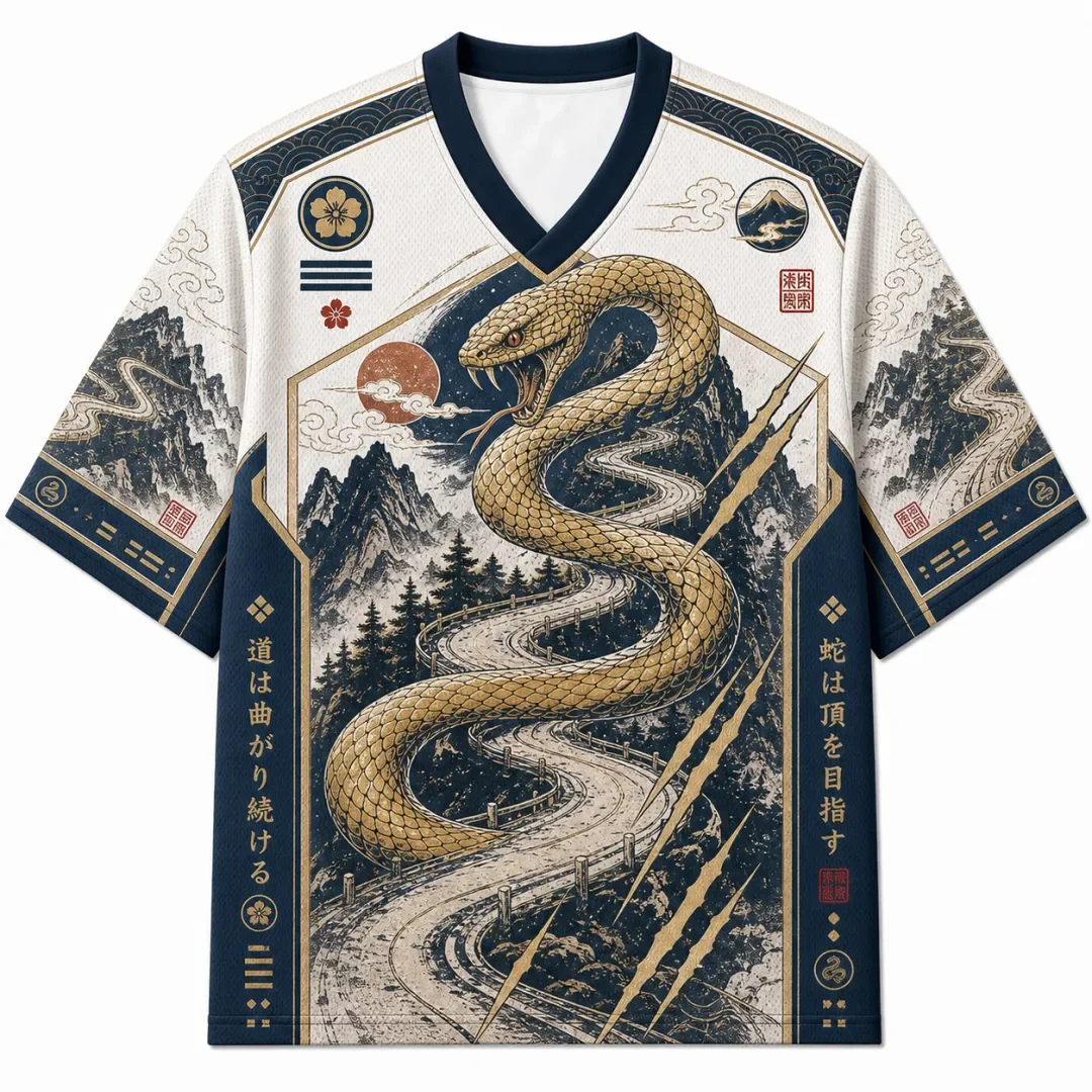 Japanese Golden Snake Mountain Road Ukiyo-i Full Screen Printed Oriental Retro Art Breathable Mesh Short Sleeve Sports T-shirt