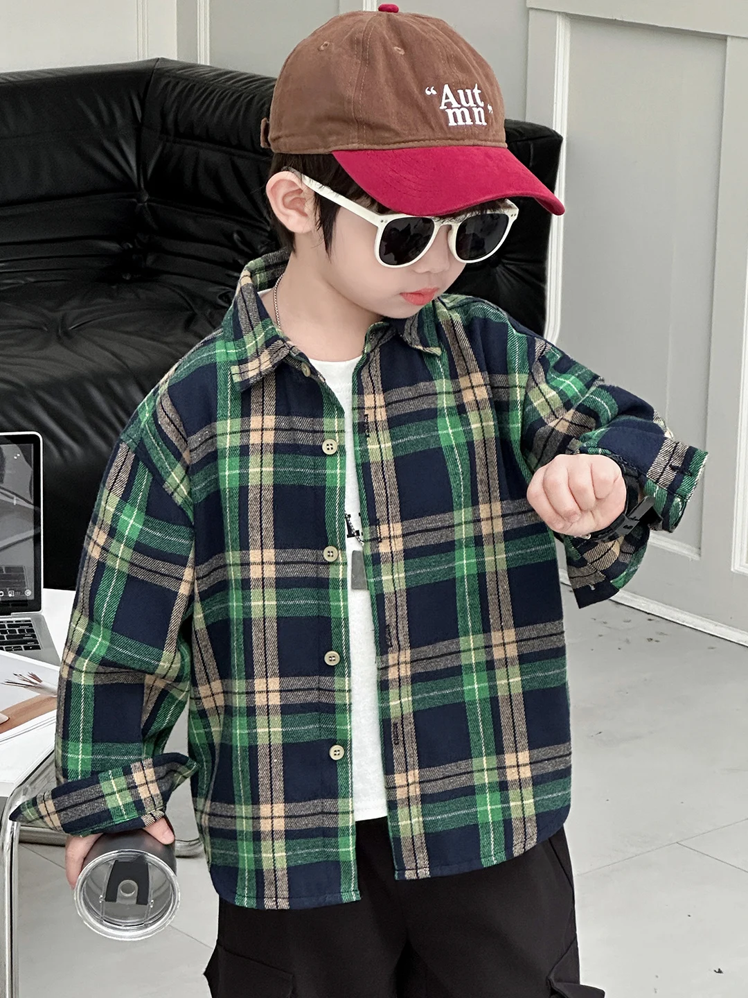 

Trendy Plaid irt Jaet for Boys Spring Autumn Casual Baby Clothes Stand Fit Long Sve Cotton Polyester Blend