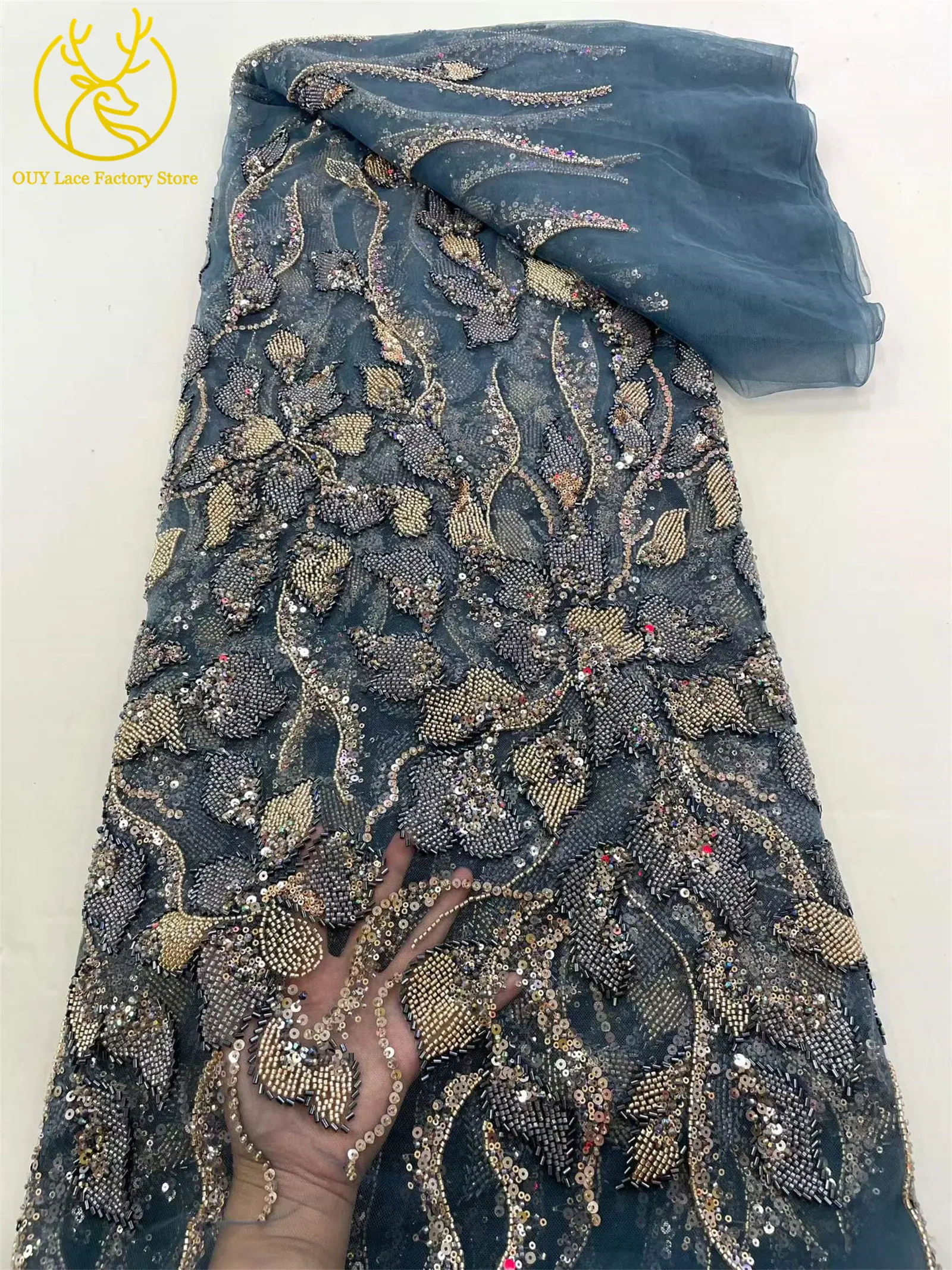 Heiß begehrter französischer Stickerei-Spitzenstoff mit Perlen und Pailletten, 5 Yards, afrikanischer Spitzenstoff, nigerianische Spitze für Brautkleider und Hochzeitsfeiern – Detail 14
