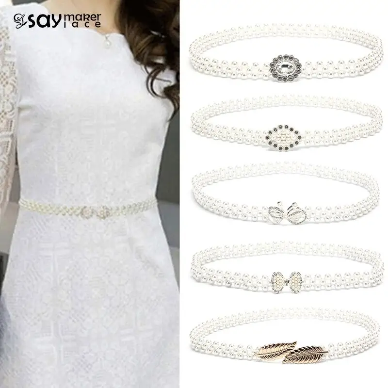 

Women Pearls Beads Chain Belt Elegant Stretchy Dress Belt Waistband Bridal Wedding Elastic Belt Sash Female Girls Dresses Access