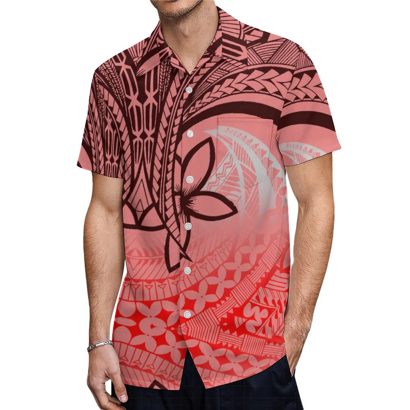Samoa Fashion Couple Outfit Match Hawaii Pink Ruffle Women Dress Mumu Polynesia Latest Casual Men Shirts Support Custom