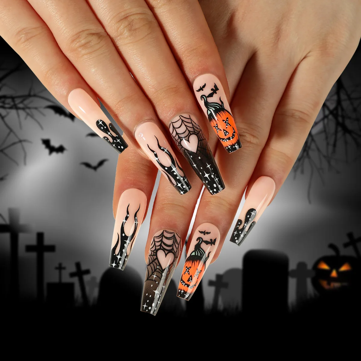 Halloween False Nails Red Color Scary Ghost Skull Spider Printed Artificial Acrylic Nails European Style Long Pointed Fake Nails