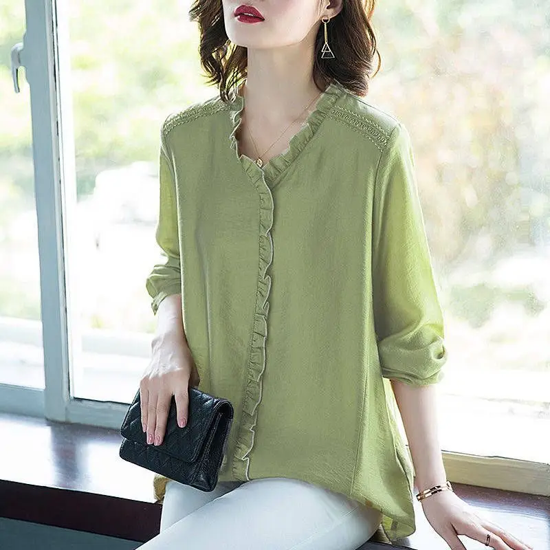 Simplicity Casual Women\'s Long Sleeve Shirt Spring Loose Fashion Spliced V-Neck All-match Solid Color Blouse Female Clothing