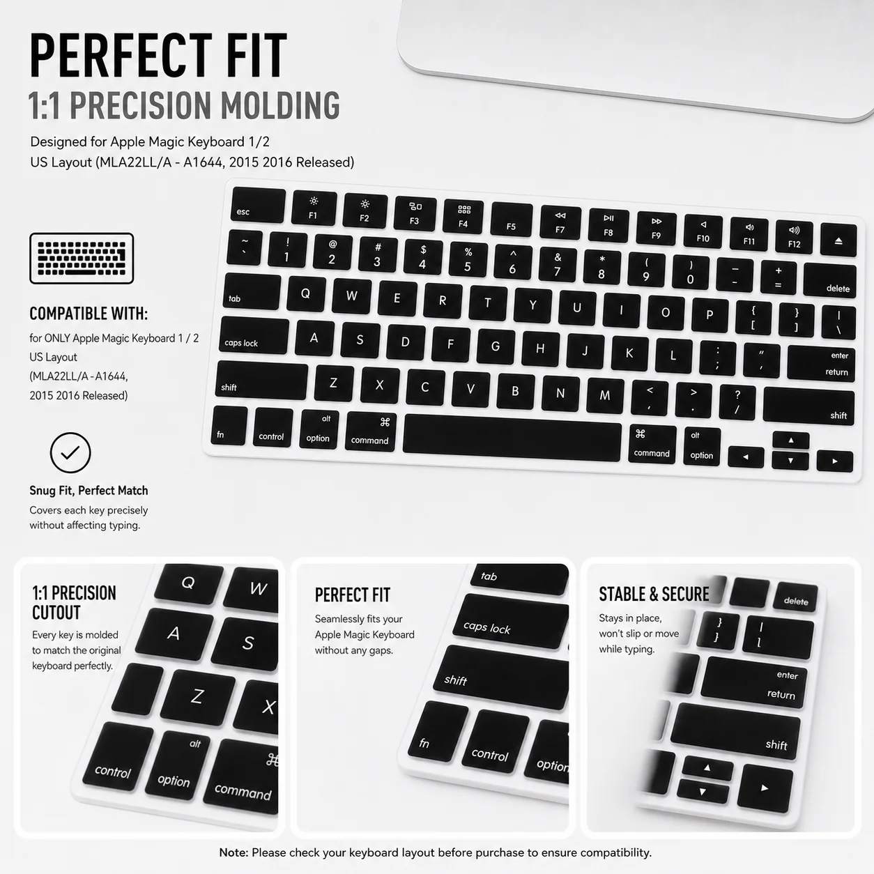 HRH Ultra Thin English QWERTY Silicone Keyboard Cover US Layout for Apple Magic Keyboard 1 2 A1644 MLA22L/A 2015 2016 Soft Skin