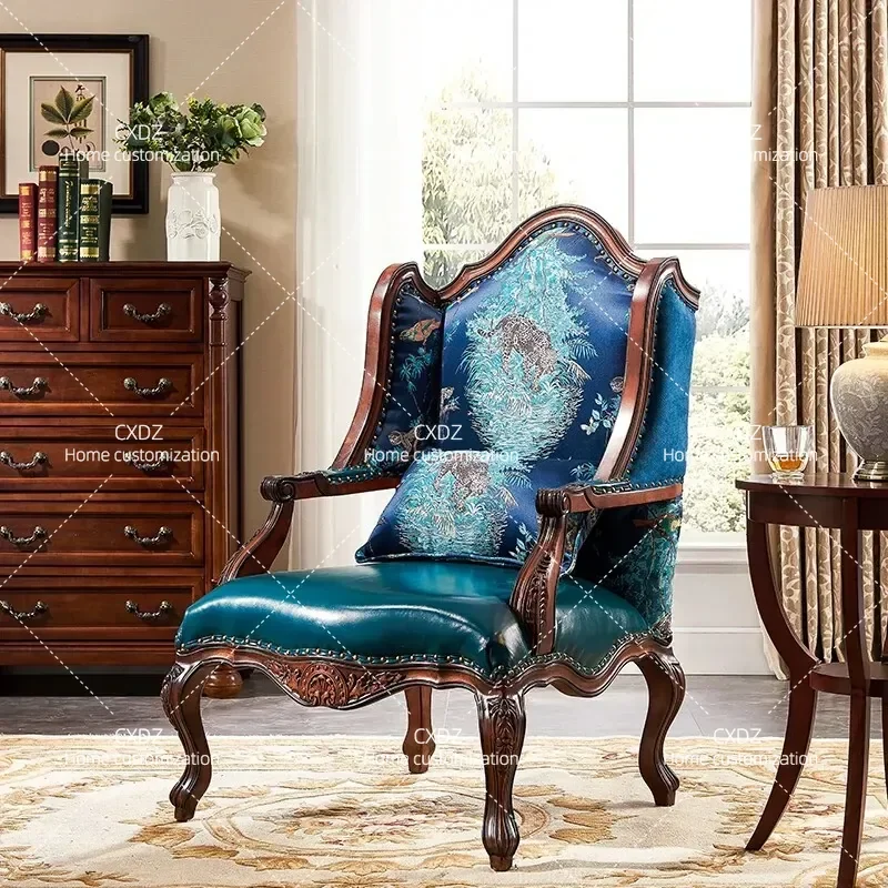 American Style Solid Wood Leather Office Chair High Back Boss Chair for Home Study Computer Desk Seat Ergonomic Cowhide