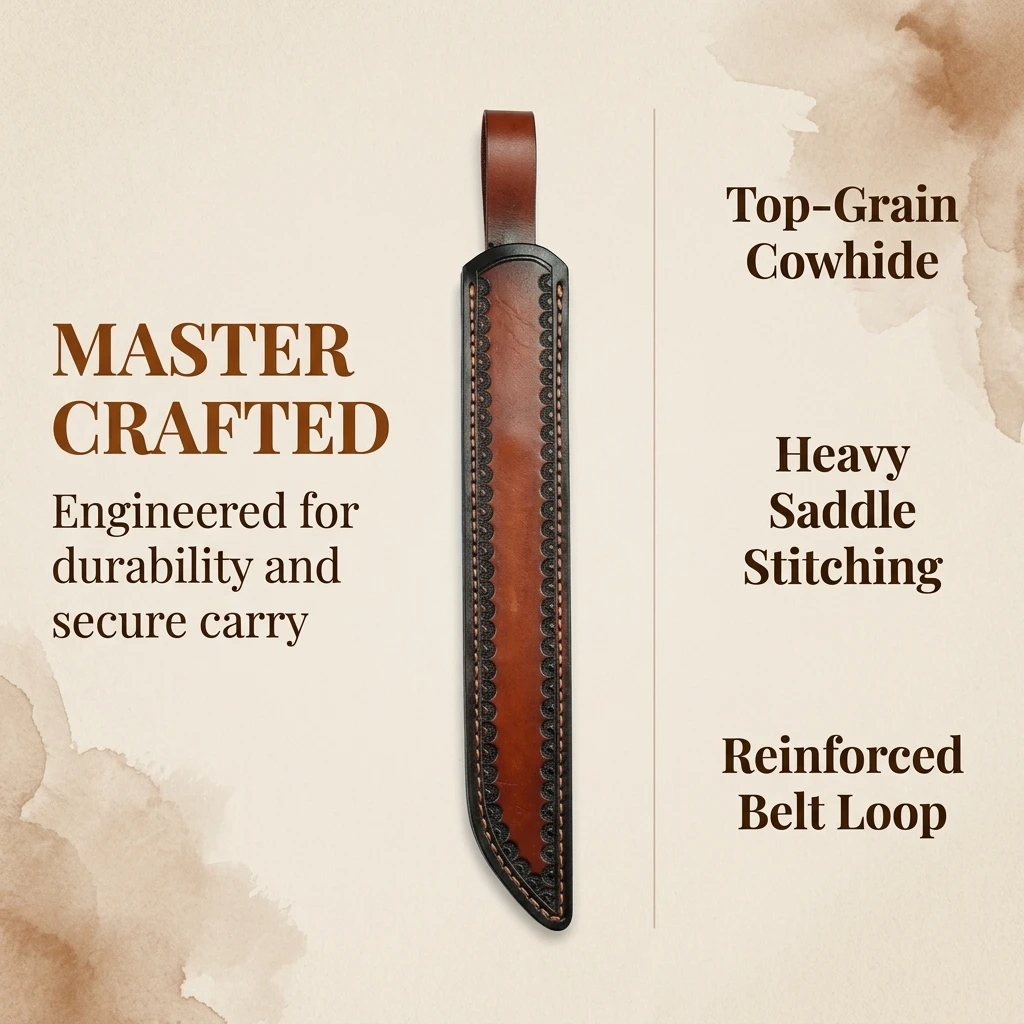 41.5CM Cowhide Fixed Blade Knife Sheath with Embossed Design Top-Grain Leather Scabbard Secure for Survival Outdoor Universal