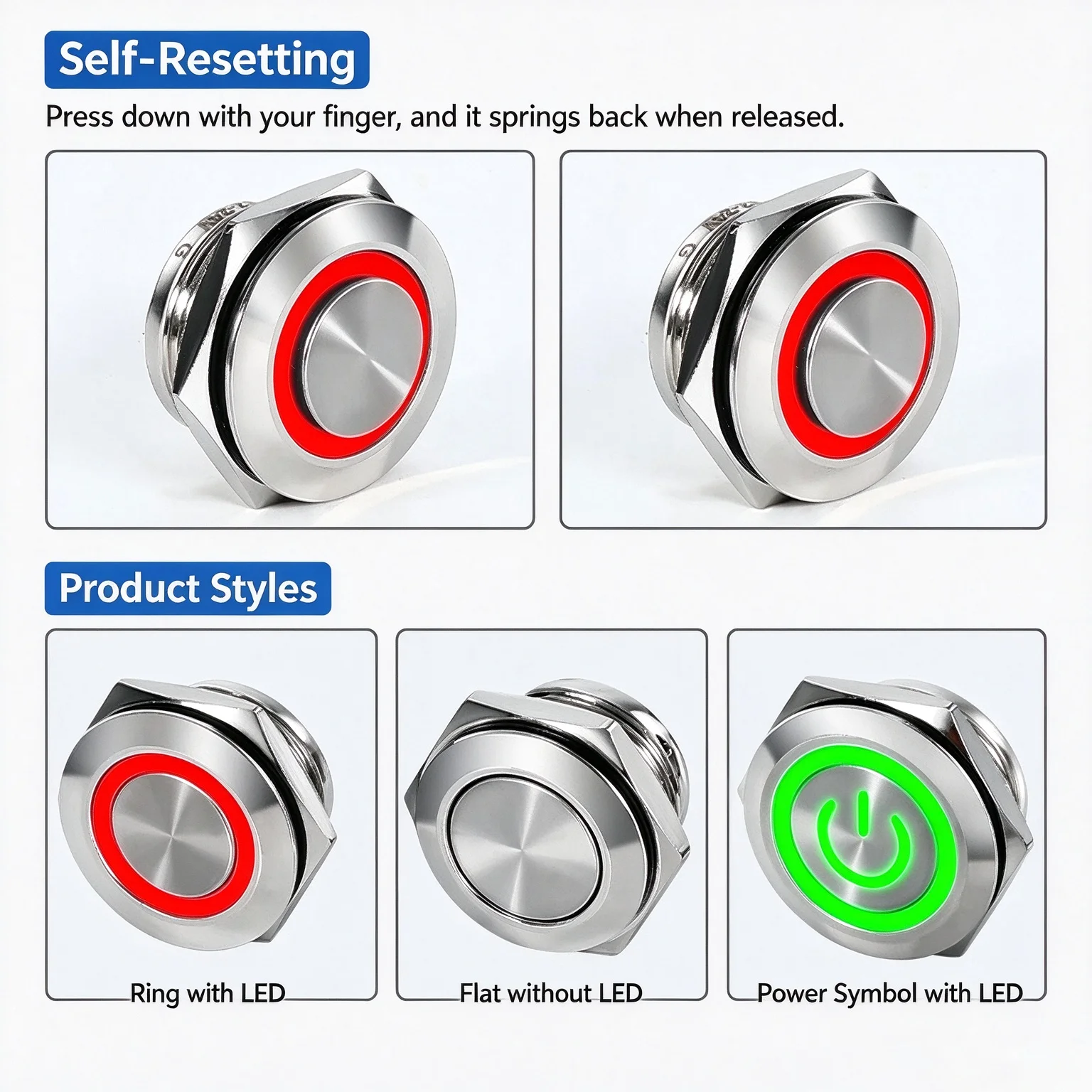 12mm 16mm 19mm 22mm Ultra-short Style Microtravel Stainless Steel Push Button Switch Led Lamp Self-reset/Momentary Normal Open