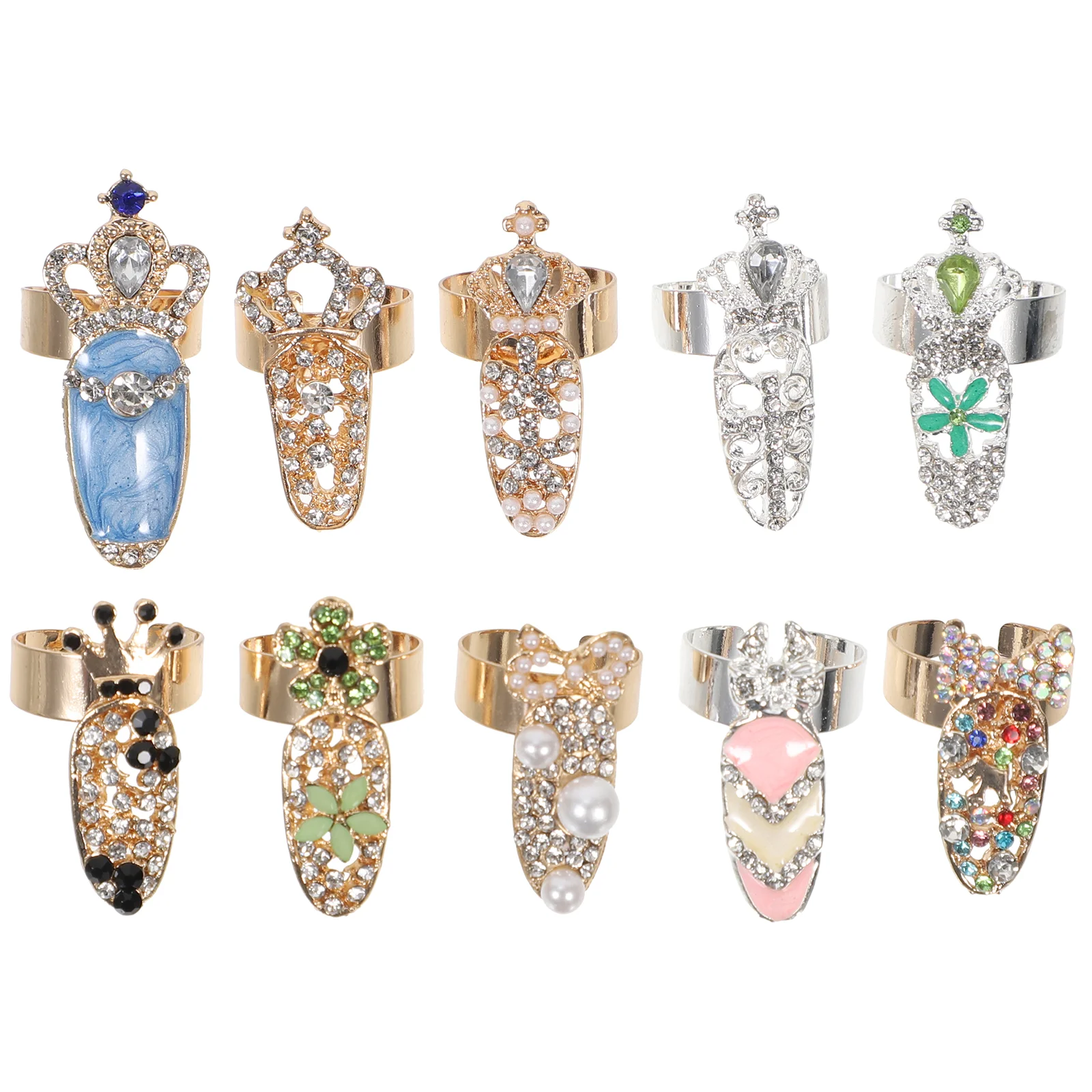 

10 Pcs Rhinestone Bendable Ring Open Nail Set Decorate Hip Hop Rhinestones Alloy Miss