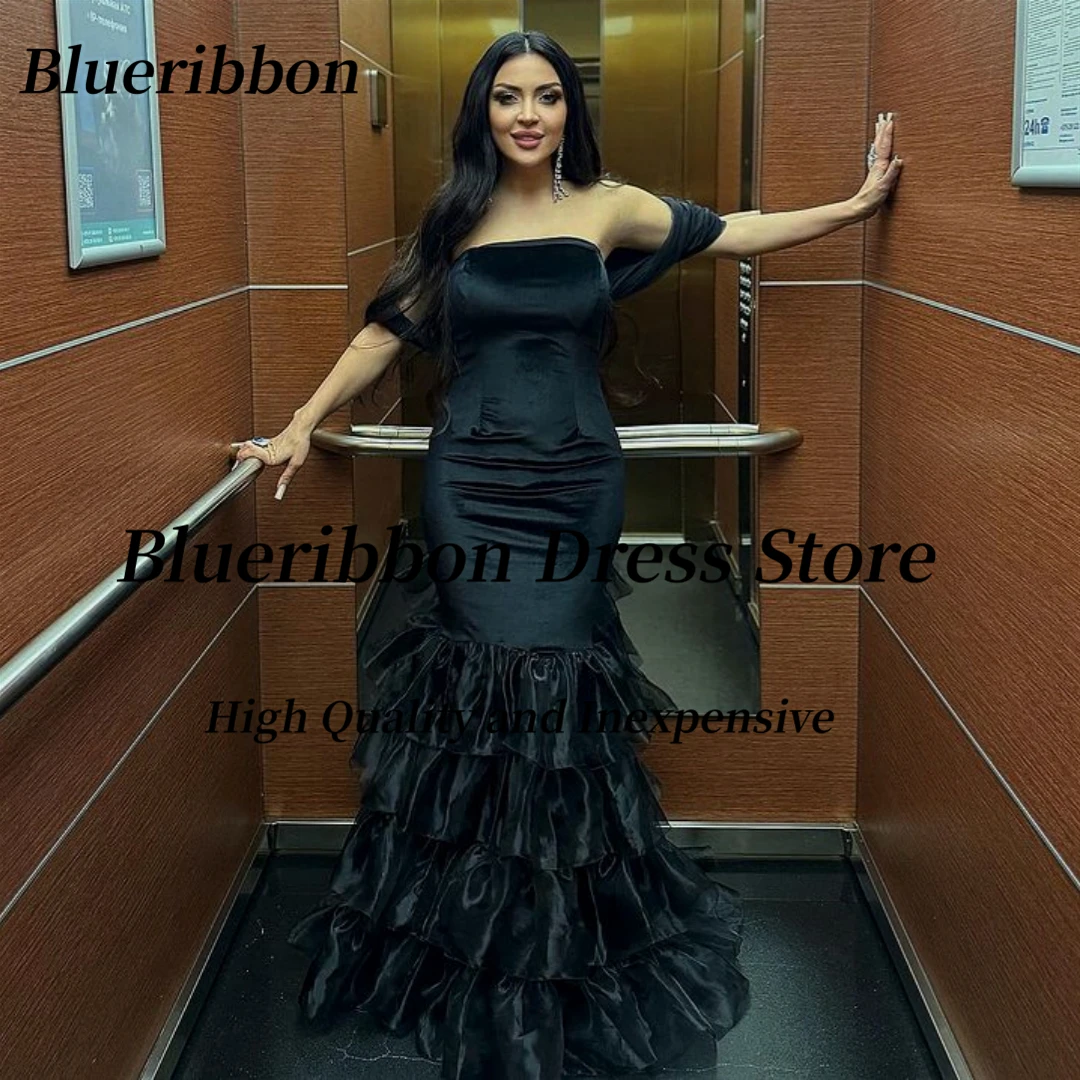 

Blueribbon Black Mermaid Prom Dresses Strapless Long Tiered Special Banquet Women Wear Trumpet Gowns for Evening Party