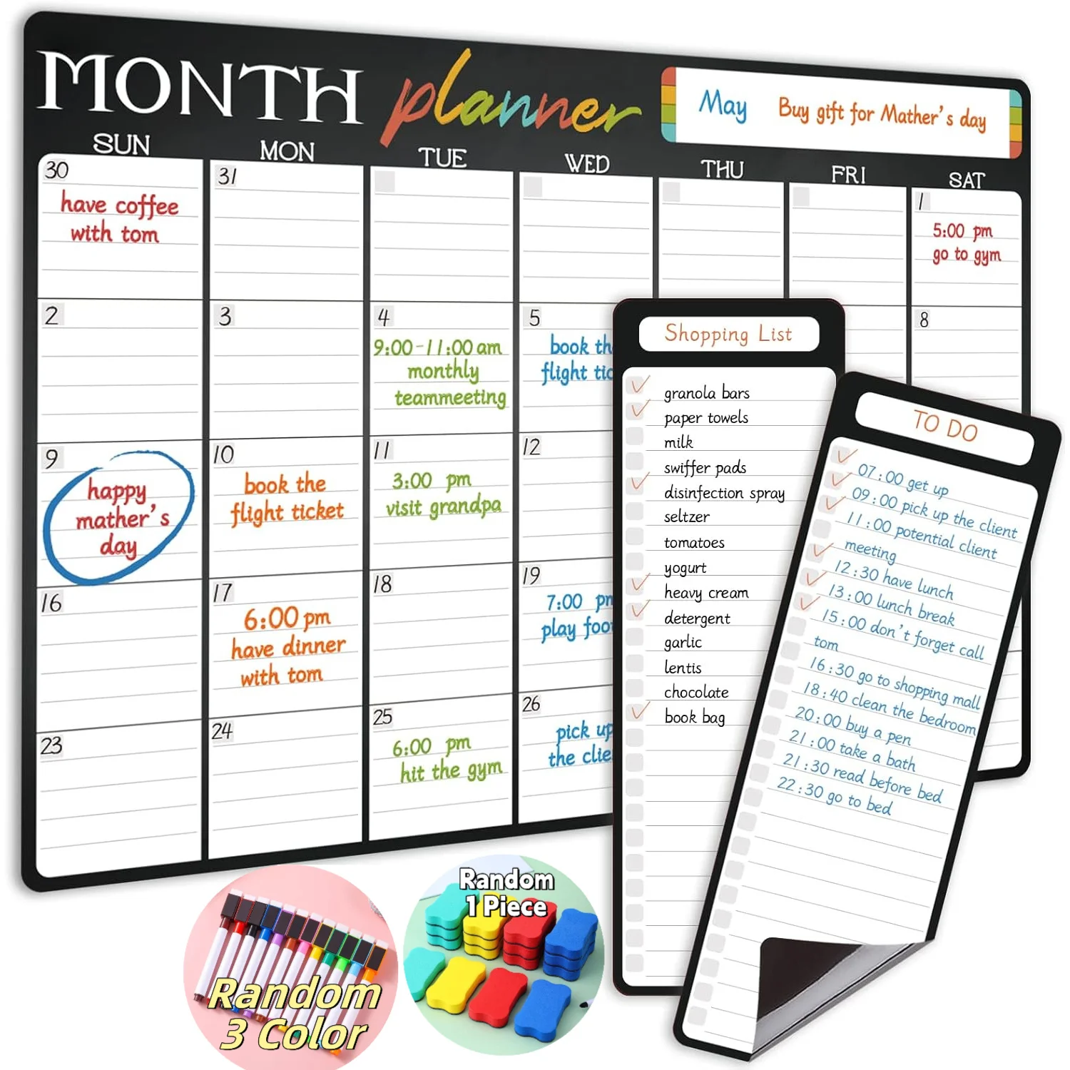 Magnetic Dry Erase Monthly Calendar - 17x12 Monthly Calendar Fridge - 4x12 List Board 3 Pcs - 3 Markers