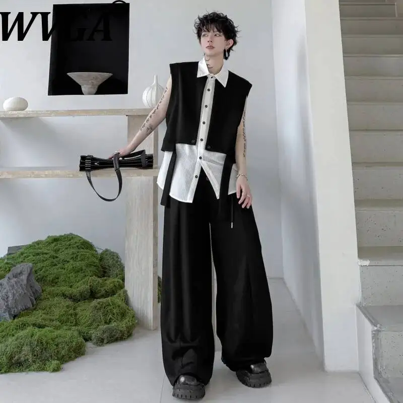 

WVGA 2026 Summer New Men's Outfit Patchwork Color Block Trendy Fake Two Pieces Tank Tops Sleeveless Tops Casual Pants Ins W24372
